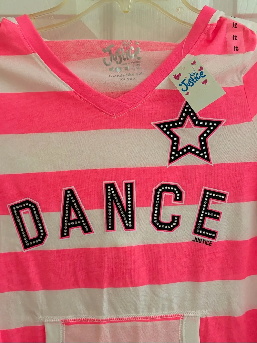 NWOT Justice Kids' Pink & White 'Dance' Stripe Hoodie Top